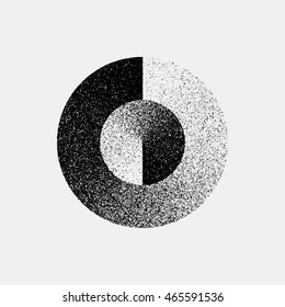 Black abstract geometric shape, circle badge with film grain, noise, grunge texture and light background for logo, design concepts, posters, banners, web, prints. Vector illustration.