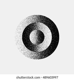 Black abstract geometric shape, circle badge with film grain, noise, grunge texture and light background for logo, design concepts, posters, banners, web, prints. Vector illustration.