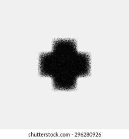 Black abstract geometric shape, cross badge with film grain, noise, dotwork, grunge texture and light background for logo, design concepts, posters, banners, web and prints. Vector illustration.