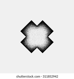 Black abstract geometric shape, cross badge with film grain, noise, dotwork, grunge texture and light background for logo, design concepts, posters, banners, web and prints. Vector illustration.