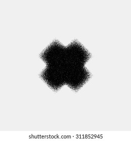 Black abstract geometric shape, cross badge with film grain, noise, dotwork, grunge texture and light background for logo, design concepts, posters, banners, web and prints. Vector illustration.