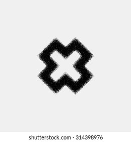 Black abstract geometric shape, cross badge with film grain, noise, dotwork, grunge texture and light background for logo, design concepts, posters, banners, web and prints. Vector illustration.