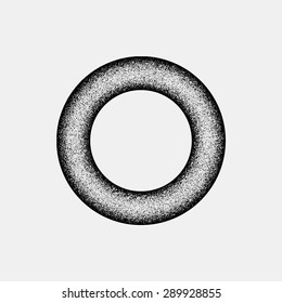 Black abstract geometric shape, donut, ring badge with with film grain, noise, dotwork, grunge texture and light background for logo, design concepts, posters, banners and prints. Vector illustration.