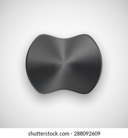 Black abstract geometric shape, ellipse, oval badge, blank button template with metal texture, realistic shadow, light background for banners, interfaces, UI, applications, apps. Vector illustration.