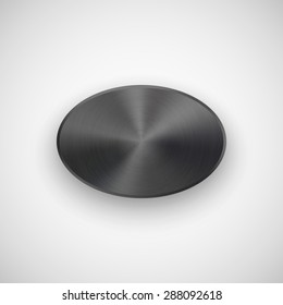 Black abstract geometric shape, ellipse, oval badge, blank button template with metal texture, realistic shadow, light background for banners, interfaces, UI, applications, apps. Vector illustration.