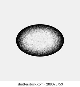 Black abstract geometric shape, ellipse, oval badge with film grain, noise, dotwork, grunge texture and light background for logo, design concepts, posters, banners, web, prints. Vector illustration.
