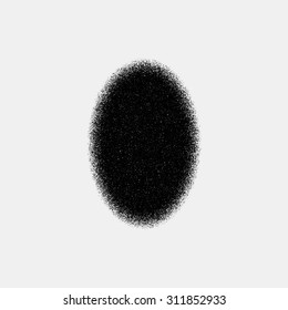 Black abstract geometric shape, ellipse, oval badge with film grain, noise, dotwork, grunge texture and light background for logo, design concepts, posters, banners, web, prints. Vector illustration.