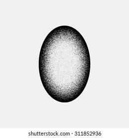 Black abstract geometric shape, ellipse, oval badge with film grain, noise, dotwork, grunge texture and light background for logo, design concepts, posters, banners, web, prints. Vector illustration.