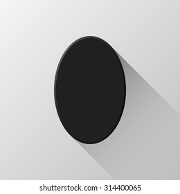 Black abstract geometric shape, ellipse, oval badge, blank button template with flat designed shadow and light background. Vector illustration.