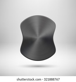 Black abstract geometric shape, ellipse, oval badge, blank button template with metal texture, realistic shadow, light background for banners, interfaces, UI, applications, apps. Vector illustration.