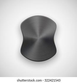 Black abstract geometric shape, ellipse, oval badge, blank button template with metal texture, realistic shadow, light background for banners, interfaces, UI, applications, apps. Vector illustration.