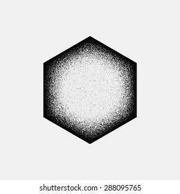 Black abstract geometric shape, polygon, hex badge with film grain, noise, dotwork, grunge texture and light background for logo, design concepts, posters, banners, web, prints. Vector illustration.