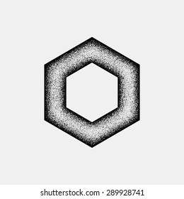 Black abstract geometric shape, polygon, hex badge with film grain, noise, dotwork, grunge texture and light background for logo, design concepts, posters, banners, web, prints. Vector illustration.