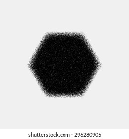 Black abstract geometric shape, polygon, hex badge with film grain, noise, dotwork, grunge texture and light background for logo, design concepts, posters, banners, web, prints. Vector illustration.