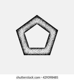 Black abstract geometric shape, polygon, hex badge with film grain, noise, dotwork, grunge texture and light background for logo, design concepts, posters, banners, web and prints. Vector illustration
