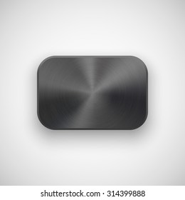 Black abstract geometric shape, rectangle badge, blank button template with metal, chrome texture, realistic shadow and light background. Vector illustration.