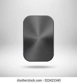 Black abstract geometric shape, rectangle badge, blank button template with metal, chrome texture, realistic shadow and light background for banners, applications, apps. Vector illustration.
