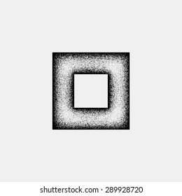 Black abstract geometric shape, square badge with film grain, noise, dotwork, grunge texture and light background for logo, design concepts, posters, banners, web and prints. Vector illustration.