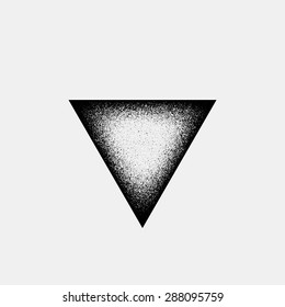 Black abstract geometric shape, triangle badge with film grain, noise, dotwork, grunge texture and light background for logo, design concepts, posters, banners, web and prints. Vector illustration.