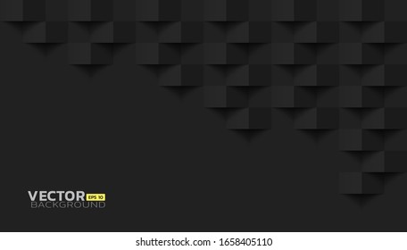 Black abstract geometric texture background, Modern square design, 3d paper art style, Vector illustration