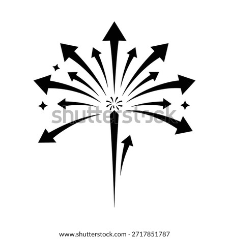 Black abstract graphic with a central burst of arrows radiating outwards and upwards. Small star shapes are scattered around the arrows.