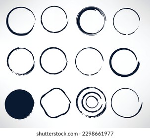 black abstract grunge circle stamp texture ink hand drawn paint brush circle set