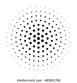 Black abstract halftone circle made of dots in radial arrangement on white background. Vector illustration.