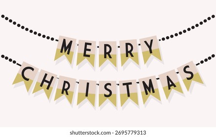Black abstract hanging circles strings and pink and gold paper cut Merry Christmas message in separate letters banners decoration with shadow design elements on white background