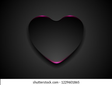 Black abstract heart with purple neon glowing light background. Valentines Day vector design