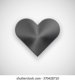 Black abstract heart sign badge, Valentines day blank button template with metal texture, chrome, steel, silver, realistic shadow and light background for web, apps. 14th february. Vector illustration