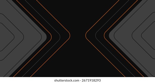 Black abstract horizontal with gray, black and orange lines, arrows and angles.