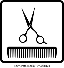 black abstract icon with scissors and comb on white background