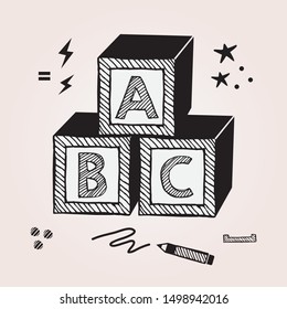 Black abstract ink kids ABC stacked toy cube blocks with pencil and stars on pink gradient background