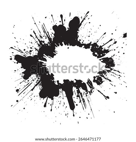 Black abstract ink splatter explosion on white background with dynamic paint spray burst for grunge banner, urban art poster, graphic design texture or street style decoration element