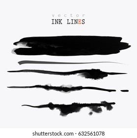 black abstract ink strokes set on white background. Set of hand drawn water/ink lines isolated on white background (individual objects). vector illustration