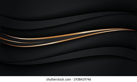 Black abstract layer overlaps illustration with golden lines for card, annual business report, poster template