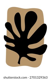 Black abstract leaf silhouette placed over a brown irregular rectangular shape on beige background