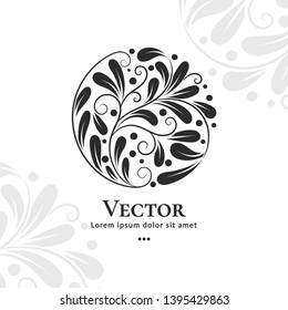Black abstract leaves emblem template with organic vector elements. Can be used for logo and monogram. Great for invitation, flyer, menu, brochure, background or any desired idea.