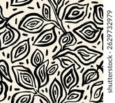 Black abstract leaves seamless pattern drawing in brushpen. Vector hand drawn botanical ink print. Floral hand painted wallpaper, background, textile design, fabric, wrapping paper.