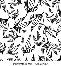 Black Abstract leaves silhouette seamless pattern. Hand drawn leaf silhouettes. Vector design for paper, fabric