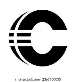 Black Abstract Letter C Icon with Horizontal Stripes on a White Background