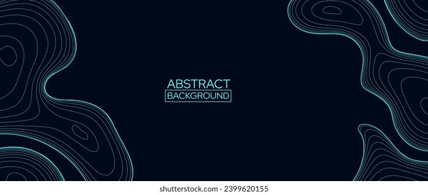Fondo de línea abstracta de color negro. Concepto del mapa del contorno topográfico. Patrón de contorno lineal del terreno neón azul. Fondo de pantalla de la plantilla de diseño geográfico para afiches, banner, impresión, folleto. Ilustración del vector
