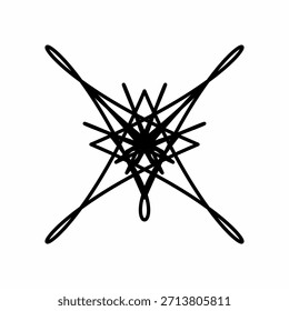 Un diseño geométrico lineal, abstracto y negro que se asemeja a un estallido estelar estilizado y simétrico o a un nudo complejo centrado en un fondo blanco.