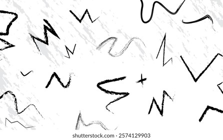 Black abstract lines and zigzags on a white background with light gray texture accents.