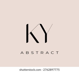 Black abstract logo with KY letters and abstract text on beige background