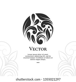 Black abstract logo with a leaf ornament in a circle shape. Can be used as monogram and emblem. Luxury vintage vector template with elegant elements. Great for wallpaper or background decoration.