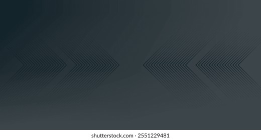 Black abstract long banner. Minimal gradient background with 3D arrows and copy space for text. Social media cover template. Raster illustration