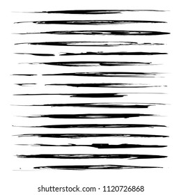 Black abstract long thin textured smears set isolated on a white background