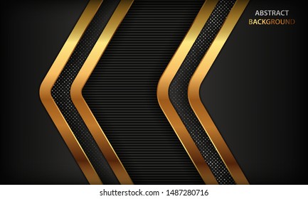 Black abstract luxury background. Texture with realistic golden element and silver glitters dots. Modern overlap background.