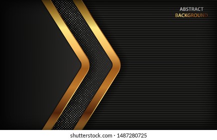 Black abstract luxury background. Texture with realistic golden element and silver glitters dots. Modern overlap background.